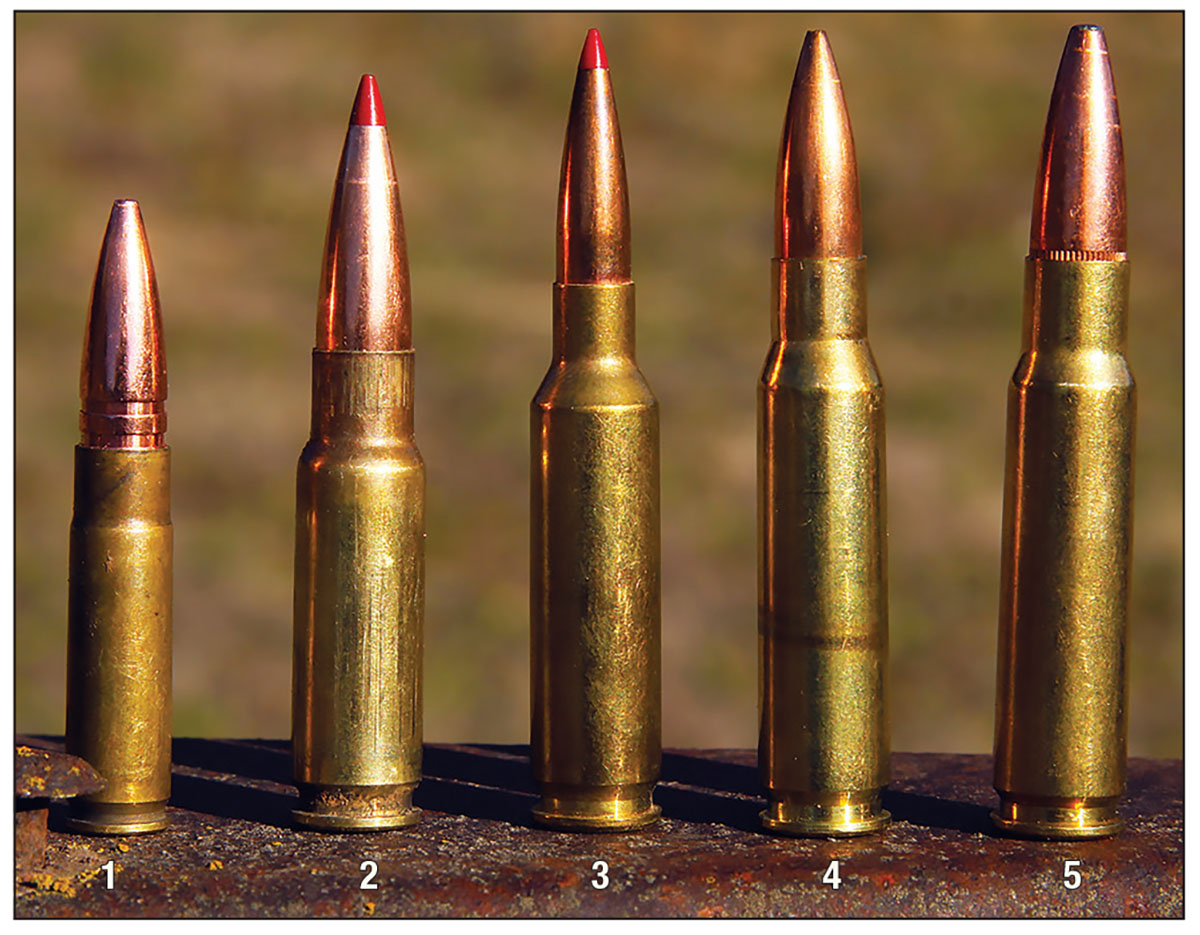 Shown for comparison are: (1) 300 BLK, (2) 8.6 BLK, (3) 6.5 Creedmoor (parent case), (4) 308 Winchester and (5) 338 Federal (308 Winchester necked up to .338 caliber).